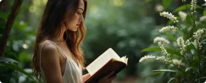 Девушка с длинными волосами читает книгу на фоне зелёного леса с цветами, создавая атмосферу спокойствия и уединения.