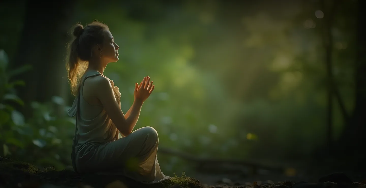 Женщина в светлом одеянии сидит на земле в лесу, склонив голову и сложив руки в молитвенной позе, на фоне зелёной растительности и мягкого освещения.