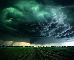 Темное грозовое облако с зеленоватым оттенком над полем, на фоне дождевых струй и размытых деревьев.
