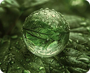 Капля воды с листьями внутри, расположенная на зеленом листе, с эффектом макросъемки и каплями влаги на поверхности.