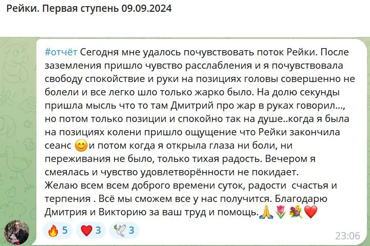 Отчет о первом сеансе Рейки, проведенном 9 сентября 2024 года, с описанием ощущений и эмоционального состояния после сеанса. Упоминаются чувства расслабления, спокойствия и радости, а также благодарность за помощь.