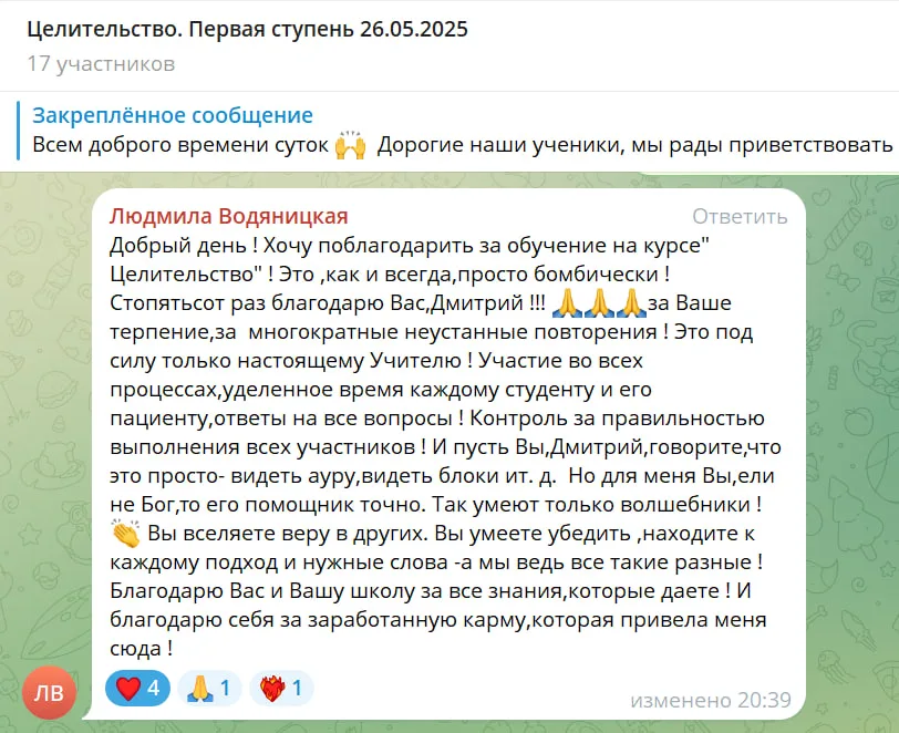 Обсуждение в чате о курсе "Целительство". Участники благодарят преподавателя Дмитрия за обучение, внимание к каждому студенту и поддержку в процессе обучения.