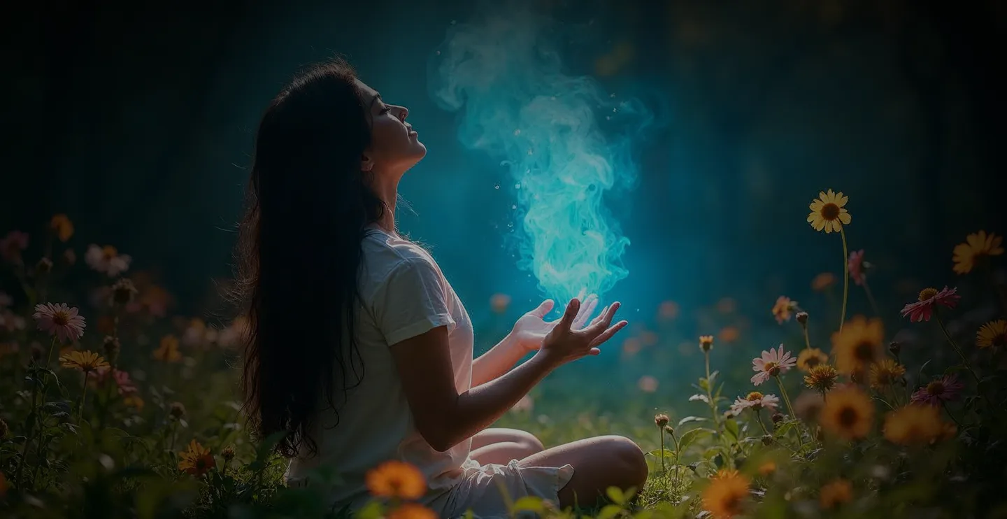 Женщина с длинными волосами сидит на траве среди цветов, медитируя и создавая светящиеся облака энергии из рук.