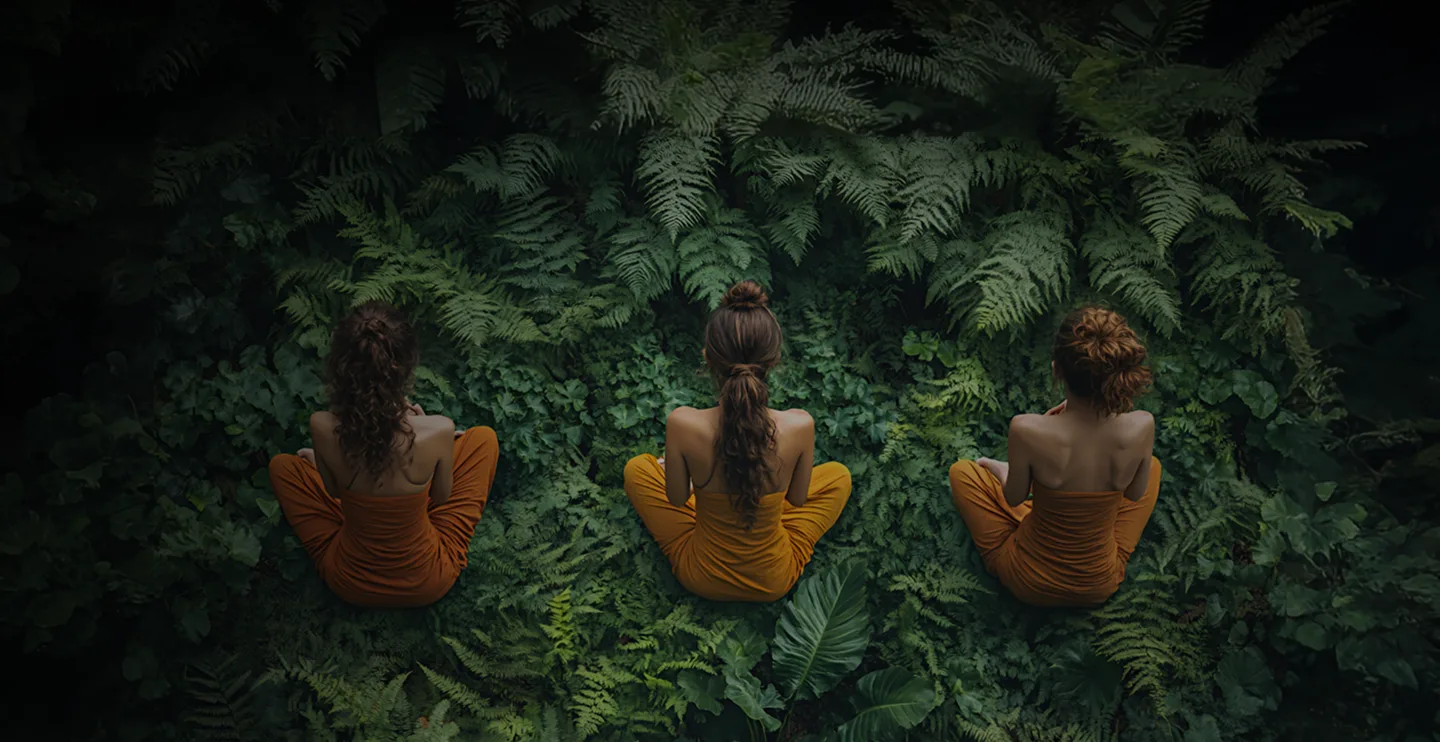 Три женщины в оранжевых нарядах медитируют на зелёном фоне из папоротников и растений, создавая атмосферу спокойствия и единения с природой.