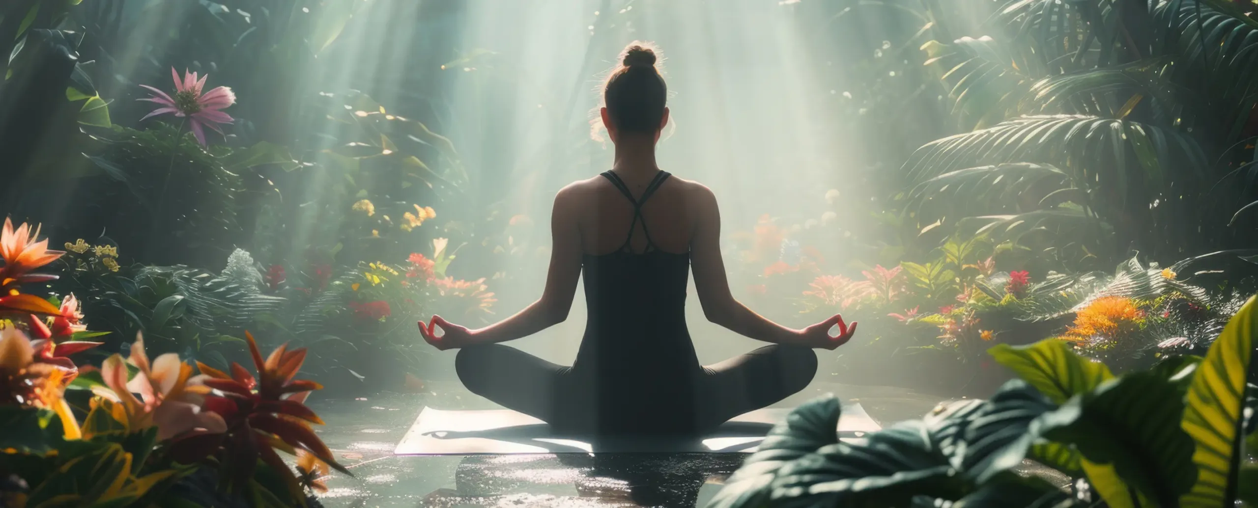 Женщина занимается йогой в тропическом саду, окруженная цветами и зеленью, с мягким светом, проникающим сквозь листья.